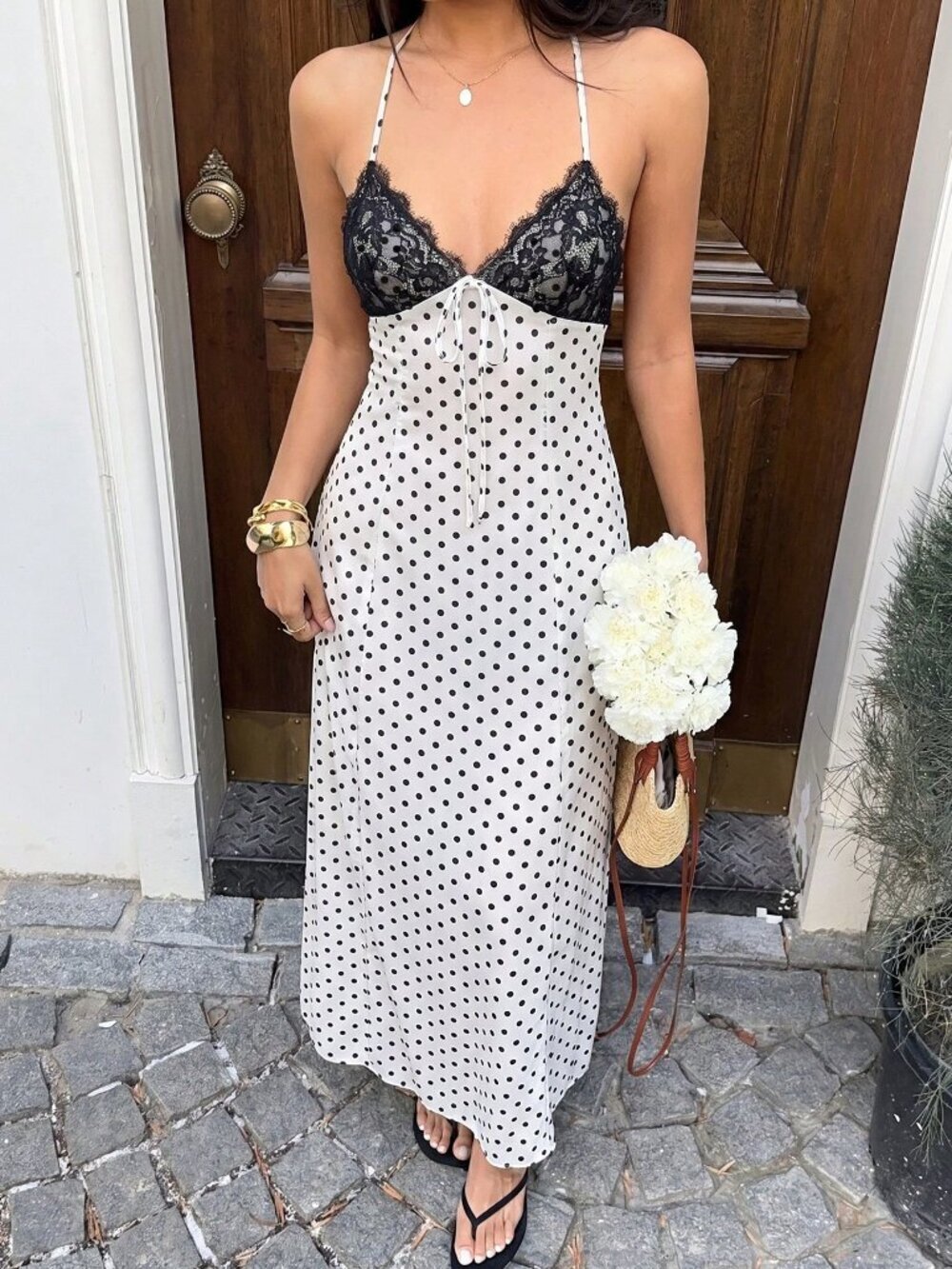Elegant Sexy White Women's Polka Dot V-Neck Maxi Dress - Picture 4 of 8
